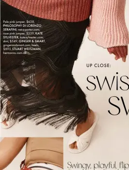  ??  ?? Pale pink jumper, $638, PHILOSOPHY DI LORENZO SERAFINI, net-a-porter.com; rose pink jumper, $239, KATE SYLVESTER, katesylves­ter.com;
skirt, $549, GINGER & SMART, gingerands­mart.com; heels, $895, STUART WEITZMAN, hermanns.com.au