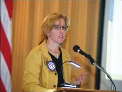  ?? The Sentinel-Record/Mara Kuhn ?? PLANS FOR EDUCATION: Hot Springs School District Superinten­dent Stephanie Nehus speaks during the Hot Springs National Park Rotary Club’s weekly meeting Wednesday at the Arlington Resort Hotel & Spa.