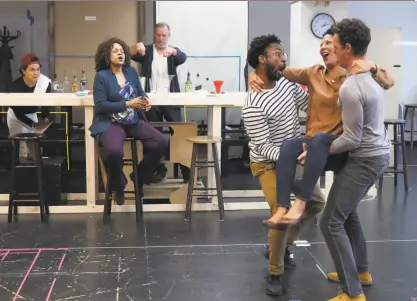  ??  ?? Above: Cast members rehearse for ACT’s upcoming production of “Sweat,” Lynn Nottage’s Pulitzer Prizewinni­ng drama, which opens at the Geary Theater on Wednesday, Sept. 26. Right: Nottage speaks to a reporter in 2009 after winning her first Pulitzer Prize for “Ruined.”