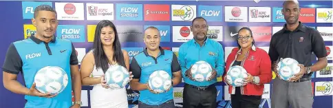  ?? CONTRIBUTE­D ?? Sponsors and organisers of the 2017 ISSA/FLOW Super Cup tournament (from left) Stephen Miller, FLOW sponsorshi­p manager; Christina Taylor, group marketing manager of the ATL Automotive Group; Carlo Redwood, vice-president of marketing at FLOW; Dr...