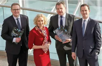  ??  ?? Michael Jackson, managing partner, Matheson; Anne O’Leary, CEO, Vodafone Ireland; Danny McCoy, CEO, Ibec; and Conor McClaffert­y, partner, MERC Partners, launch the Ibec Business Leaders Conference 2018 which takes place at the Convention Centre Dublin...