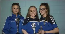  ??  ?? Under 16 Player of the Year award winner, Rebecca Doran, most improved, Aoife Richardson, and most dedicated, Katie Kendrick.