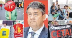  ?? Foto: Bildmontag­e, Jörg Carstensen, dpa ?? Ob die Freihandel­sabkommen TTIP und Ceta, die geplante Übernahme von Tengelmann durch Edeka oder das Flüchtling­sthema. Gabriel nutzt all diese Themen für den Wahlkampf.