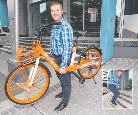  ?? Pictures: MIKE BATTERHAM ?? Be like Alister Thomson and use a stray Mobike to top up training and don’t just walk the stairs, jump them.