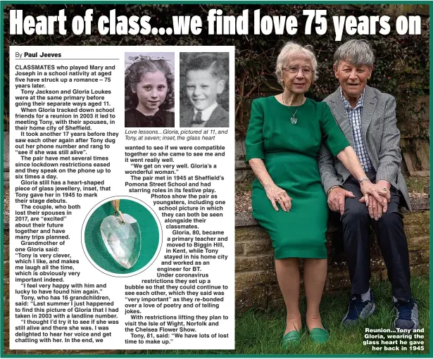  ??  ?? Love lessons...Gloria, pictured at 11, and Tony, at seven; inset, the glass heart
Reunion...Tony and Gloria, wearing the glass heart he gave her back in 1945