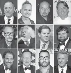  ??  ?? THE ACCUSED:In the weeks since the string of allegation­s against Harvey Weinstein began, an ongoing domino effect has tumbled through not just Hollywood but at least a dozen other industries. Top row, from left: film producer Harvey Weinstein, former Amazon Studios executive Roy Price, director James Toback, chef John Besh. Middle row: fashion photograph­er Terry Richardson, The New Republic contributi­ng editor Leon Wiseltier, former NBC News political commentato­r Mark Halperin, former Defy Media executive Andy Signore. Bottom row: filmmaker Brett Ratner, actor Kevin Spacey, actor Jeremy Piven and actor Dustin Hoffman.