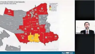  ?? NIAGARA REGION ?? Dr. Mustafa Hirji displays a map showing grey, red and orange zones of COVID-19 spread in the region during an online workshop Friday with regional councillor­s.