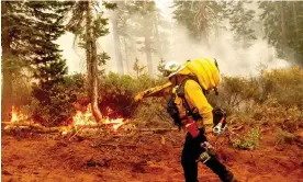  ?? Photograph: Noah Berger/AP ?? Fire Battalion Chief Craig Newell carries a hose while battling the North Complex fire in Plumas national forest, California, in 2020.