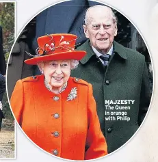  ??  ?? MAJZESTY The Queen in orange with Philip