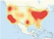  ?? DOWNDETECT­OR ?? A map shows areas of Internet outages Friday morning after a distribute­d denial of service attack, or DDoS, was launched against Dyn.
