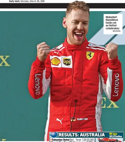  ?? REUTERS ?? Disbelief: Hamiliton looks on as Vettel celebrates