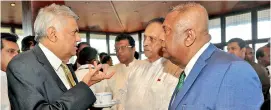  ??  ?? Tea party pow wow: Prime Minister Ranil Wickremesi­nghe, Finance Minister Mangala Samaraweer­a and Speaker Karu Jayasuriya.Pix by Priyantha Wickramaar­achchi