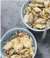  ??  ?? Clams with pearl couscous, chorizo and leeks has a big flavour.