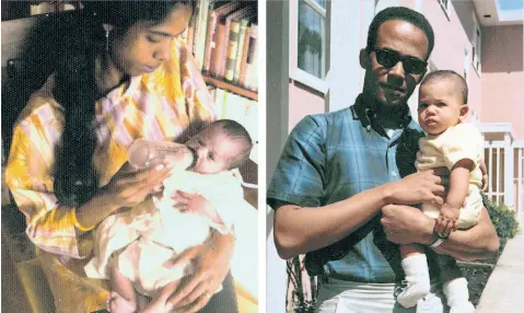  ??  ?? This combinatio­n of undated and April 1965 photos provided by the Kamala Harris campaign in April 2019 shows Shyamala Gopalan Harris, 25, and Donald Harris with their daughter, Kamala.