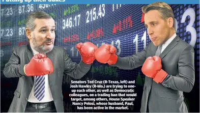  ?? ?? Putting up their dukes
Senators Ted Cruz (R-Texas, left) and Josh Hawley (R-Mo.) are trying to oneup each other, as well as Democratic colleagues, on a trading ban that would target, among others, House Speaker Nancy Pelosi, whose husband, Paul, has been active in the market.