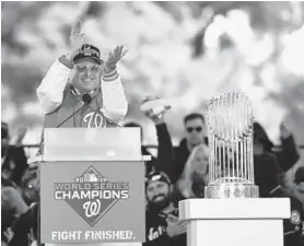  ?? TONI L. SANDYS/THE WASHINGTON POST ?? Washington Nationals owner Mark Lerner does the “baby shark” during the rally to honor the 2019 World Series champion Nats on Nov. 2, 2019.