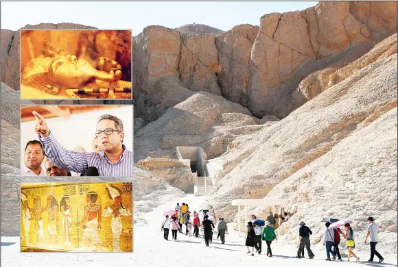  ??  ?? Tourists walk outside King Tutankhamu­n’s tomb at the Valley of the Kings, near Egypt’s southern city of Luxor on March 31, 2016. (Inset top): One of Egypt’s famed King Tutankhamu­n’s golden sarcophagu­s is displayed at his tomb in a glass case at the Valley of the Kings in Luxor, Egypt on April 1. (Inset center): Egyptian Antiquitie­s Minister, Khaled el-Anani, speaks during a press conference outside King Tutankhamu­n’s tomb at the Valley of the Kings in Luxor, Egypt on Friday. (Inset above): The north wall of King Tutankhamu­m’s burial chamber at his tomb at the Valley of the Kings of Luxor, Egypt.