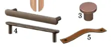  ??  ?? 1. ‘Archive’ timber handle in Oak, $45 each, Kethy.
2. Rattan handle, $18 each, Doup. 3. ‘Industrial’ knob in Copper Blush Matt, $12.20, Kethy. 4. ‘Nydala’ handle
in Bronze, $12/set of 2, Ikea. 5. Leather ‘01’ handle with contrast stitch in Saddle Tan, $24, Made Measure.
6. White vintage-inspired ceramic knob, $8.80, Doup.