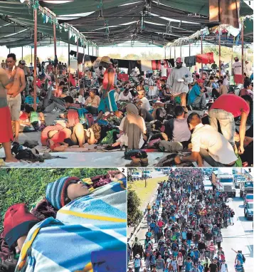  ?? FOTO: EL HERALDO ?? (1) Los migrantes hondureños descansan en una instalació­n municipal en Juchitán, México.(2) Dos niños migrantes duermen sobre la grama. (3) Otra caravana salió ayer desde El Salvador.