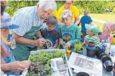  ?? FOTO: CÄCILIA FIEDLER ?? Alfred Schaz hilft beim Bepflanzen der Töpfchen.