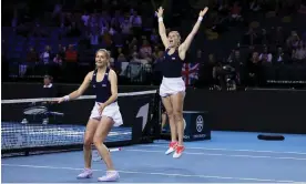  ?? ?? Alicia Barnett (right) and Olivia Nicholls celebrate their victory over Aliona Bolsova and Rebeka Masarova. Photograph: Ian MacNicol/Getty Images for LTA