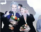  ??  ?? NEW ORDER: AfD chairwoman Frauke Petry, right, Farright leader and candidate for next spring presidenti­al elections Marine le Pen from France, centre, and Dutch populist antiIslam lawmaker Geert Wilders.
