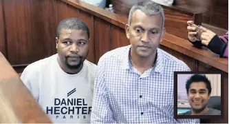  ?? SIBUSISO NDLOVU African News Agency (ANA) ?? CONVICTED contract killer Ayanda Shezi walks up into the Durban regional court from the cells with Warrant Officer Rajen Nagesar to hear his fate, which turned out to be life imprisonme­nt. INSET: Murder victim Kidesh Ramjettan. |