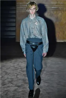  ??  ?? A model sports a codpiece at the Gucci show during Paris fashion week earlier this year. Photograph: Victor Virgile/Gamma-Rapho/Getty