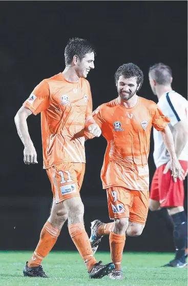  ?? Picture: JUSTIN BRIERTY ?? DYNAMIC DUO: Cairns FC’s Josh Taylor and Josh De Nittis. New trialist Gianni Allebi comes on the recommenda­tion of Miron Bleiberg, a big fan of Taylor, and is being seen as a replacemen­t attacking midfielder for Josh De Nittis, who will attend the...