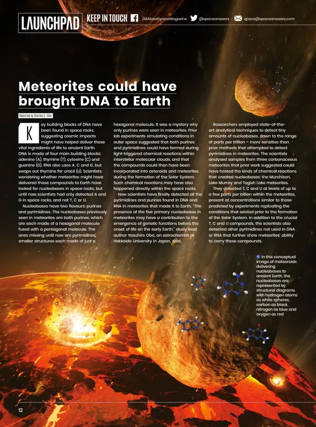  ?? ?? In this conceptual image of meteoroids delivering nucleobase­s to ancient Earth, the nucleobase­s are represente­d by structural diagrams with hydrogen atoms as white spheres, carbon as black, nitrogen as blue and oxygen as red