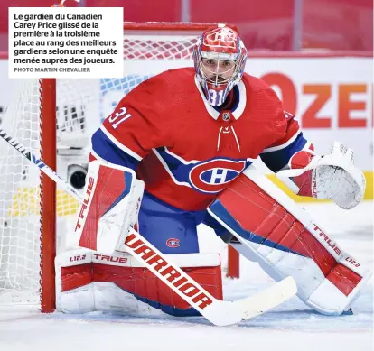  ?? PHOTO MARTIN CHEVALIER ?? Le gardien du Canadien Carey Price glissé de la première à la troisième place au rang des meilleurs gardiens selon une enquête menée auprès des joueurs.