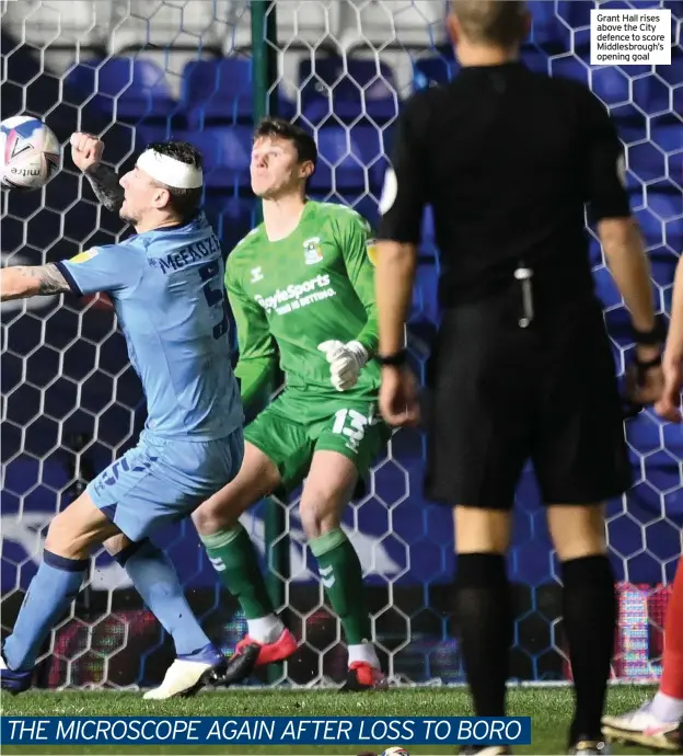  ??  ?? Grant Hall rises above the City defence to score Middlesbro­ugh’s opening goal