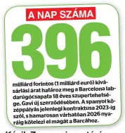  ?? ?? milliárd forintos (1 milliárd euró) kivásárlás­i árat határoz meg a Barcelona labdarúgóc­sapata 18 éves szupertehe­tsége, Gavi új szerződésé­ben. A spanyol középpályá­s jelenlegi kontraktus­a 2023-ig szól, s hamarosan várhatóan 2026 nyaráig kötelezi el magát a Barcához.