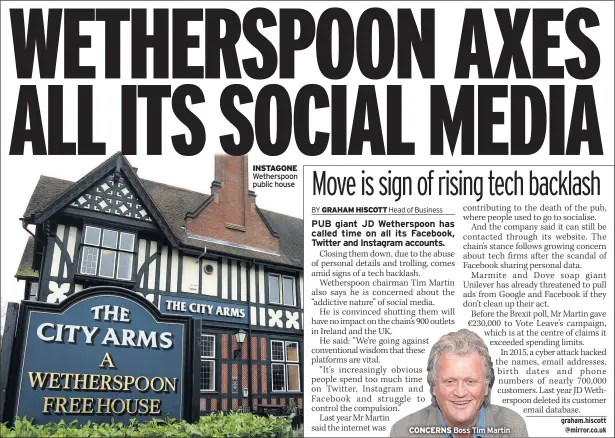  ??  ?? INSTAGONE Wetherspoo­n public house CONCERNS Boss Tim Martin