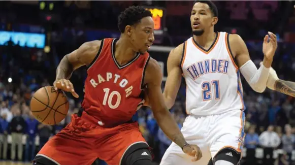  ?? MARK D. SMITH/USA TODAY SPORTS ?? DeMar DeRozan, driving to the basket against Oklahoma City’s Andre Roberson, topped 30 points for the sixth time in seven games, finishing with 37 in a 112-102 victory.