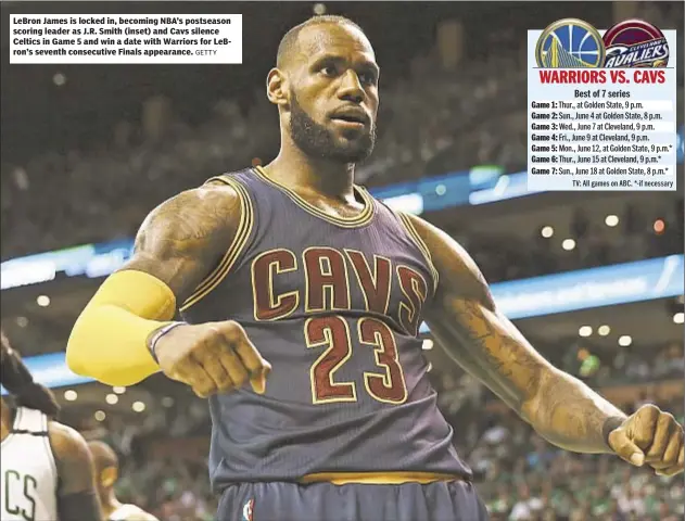 ?? GETTY ?? LeBron James is locked in, becoming NBA’s postseason scoring leader as J.R. Smith (inset) and Cavs silence Celtics in Game 5 and win a date with Warriors for LeBron’s seventh consecutiv­e Finals appearance.