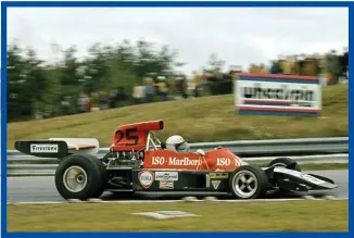  ??  ?? The one which may have got away! Howden driving Frank Williams’ Iso Marlboro at 1973 Canadian Grand Prix at Mosport. The use of a safety car for the first time in a Formula One race managed to bamboozle the lap scorers, not helped by the driver picking...