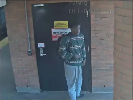  ?? COURTESY — MBTA TRANSIT POLICE ?? A still from surveillan­ce footage taken at 10:32 a.m. on Feb. 1. The MBTA Transit Police say this is Calebre Predelus, who is accused of performing “lewd acts” in front of women on MBTA trains twice now.
