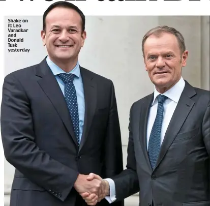  ??  ?? Shake on it: Leo Varadkar and Donald Tusk yesterday