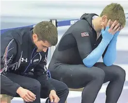  ?? ASSOCIATED PRESS ?? U.S. speedskate­r Joey Mantia (right) holds his head after the men's 1500-meter race at the Adler Arena Skating Center at the 2014 Winter Olympics Feb. 15, 2014, in Sochi, Russia.