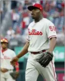  ?? ALEX BRANDON — THE ASSOCIATED PRESS ?? Phillies reliever Hector Neris reacts after walking in the tying run during the ninth inning of a 5-4 loss to the Nationals Sunday.