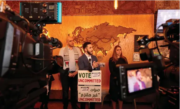  ?? AFP ?? Mayor Abdullah Hammoud of Dearborn, Michigan, gives a speech the day after more than 100,000 Democrats voted ‘uncommitte­d’ in the state’s primary