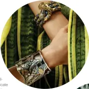  ??  ?? Hoopoe cuff and Snake bangle