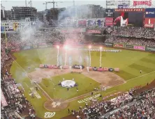  ?? AP PhoTo ?? SPARKLING PRESENTATI­ON: Pyrotechni­cs go off on the field last night at Nationals Park in Washington before the All-Star Home Run Derby.