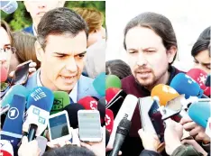  ??  ?? Combo photo shows Sanchez (left) and Iglesias speaking to the press after voting at a polling station in Madrid. — AFP photo