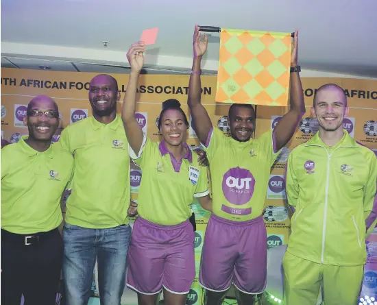  ?? Picture: Gallo Images ?? INSURANCE ON THE FIELD. Former top SA referee Enoch Molefe, Victor Hlongwane, Safa Female referee Akhona Makalima, Zakhele Siwela and Victor Gomes during the OUTsurance Sponsorshi­p Announceme­nt of Safa Match Officials at Safa House earlier this month.