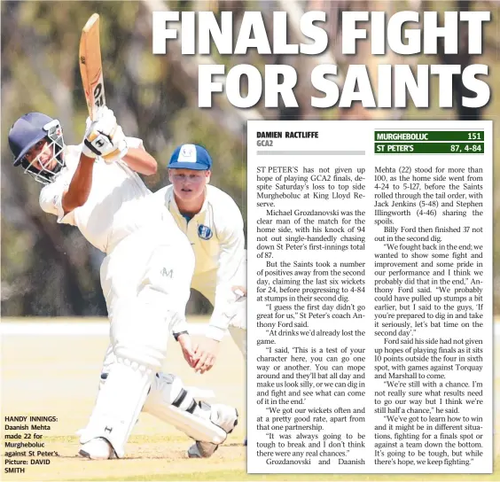  ??  ?? HANDY INNINGS: Daanish Mehta made 22 for Murghebolu­c against St Peter’s. Picture: DAVID SMITH