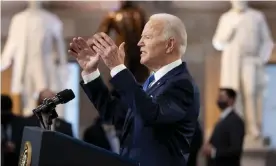  ?? Photograph: Michael Reynolds/UPI/REX/Shuttersto­ck ?? President Joe Biden delivers an impassione­d speech marking the one-year anniversar­y of the fatal attack on the Capitol building in Washington by supporters of former president Donald Trump.