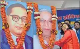  ?? FILE PHOTO ?? BJP MP Savitri Bai Phule offering tributes to dalit icons Bhimrao Ambedkar and Kansiram during a rally in Lucknow.