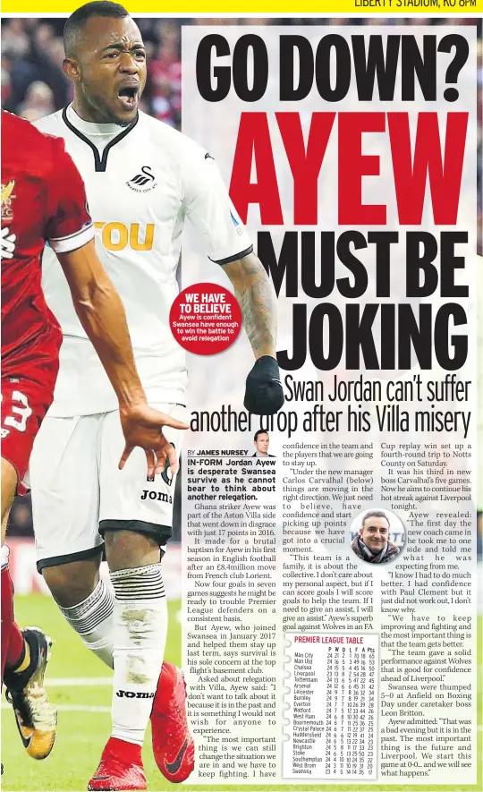  ??  ?? WE HAVE TO BELIEVE Ayew is confident Swansea have enough to win the battle to avoid relegation